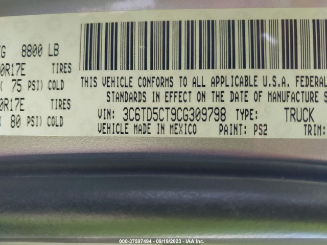 Продаж на аукціоні авто 2012 Ram 2500 St, vin: 3C6TD5CT9CG309798, номер лоту: 37597494