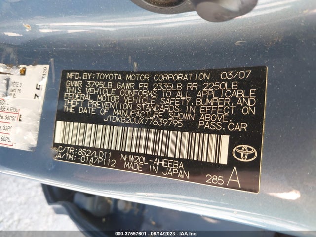 2007 TOYOTA PRIUS VIN: JTDKB20UX77639795