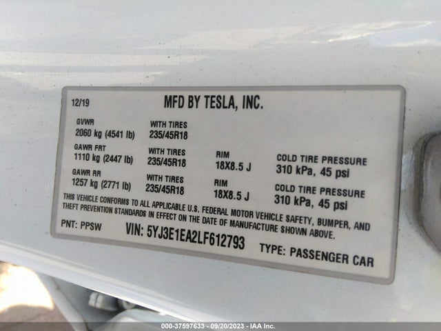 2020 Tesla 3, VIN: 5YJ3E1EA2LF612793