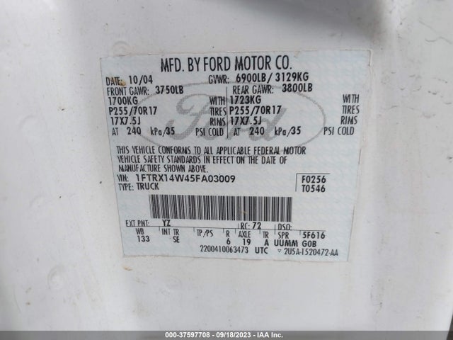 2005 FORD F-150 STX/XLT/XL VIN: 1FTRX14W45FA03009