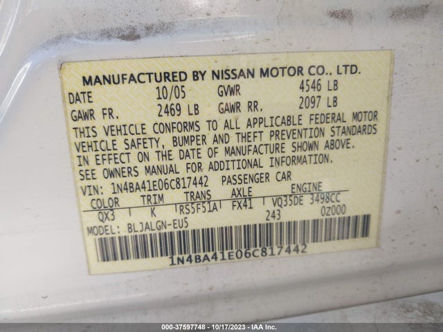 2006 NISSAN MAXIMA 3.5 SL VIN: 1N4BA41E06C817442