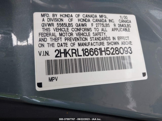 2001 HONDA ODYSSEY EX VIN: 2HKRL18661H528093
