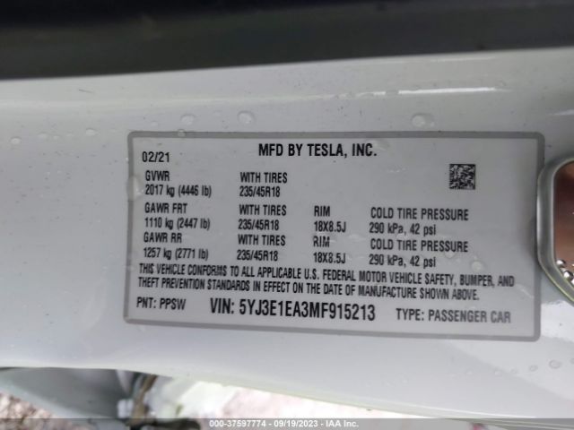 5YJ3E1EA3MF915213 Tesla Model 3 Standard Range Plus Rear-wheel Drive