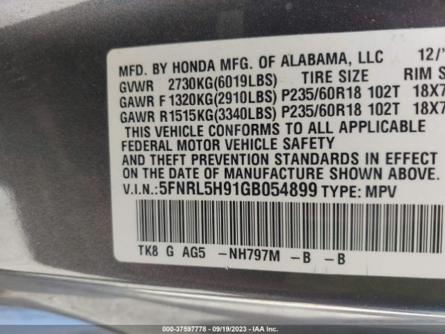 5FNRL5H91GB054899 Honda Odyssey Touring/touring Elite