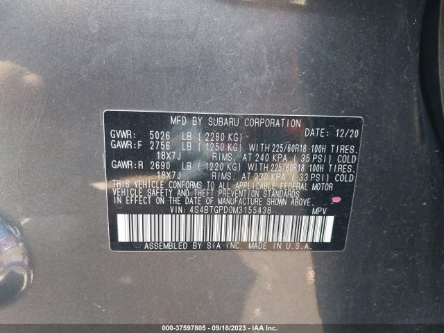 Subaru Outback Touring Xt 2021 4S4BTGPD0M3155438 Image 15