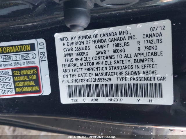 2012 HONDA CIVIC CPE LX VIN: 2HGFG3B53CH553629