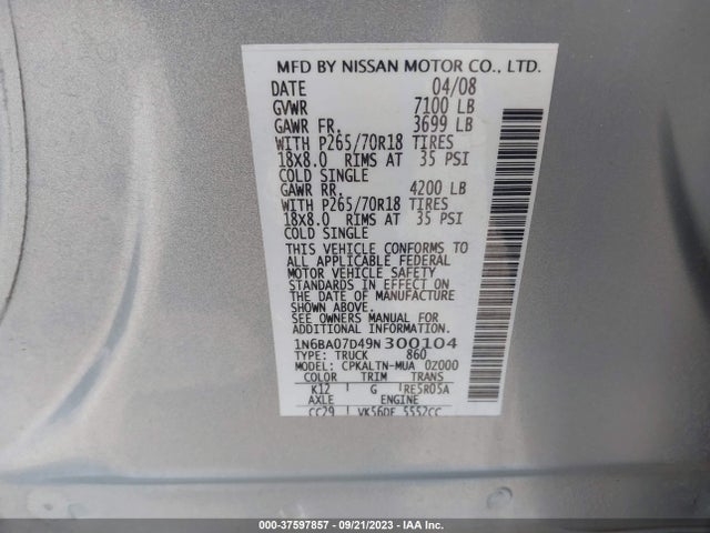 2009 NISSAN TITAN SE VIN: 1N6BA07D49N300104