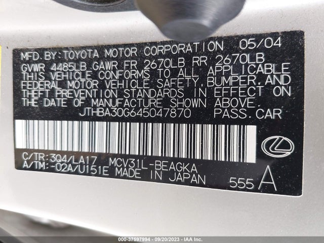 2004 LEXUS ES 330 VIN: JTHBA30G645047870