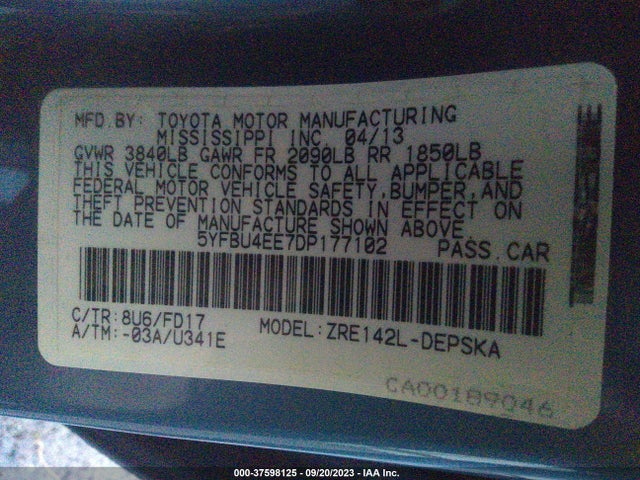 2013 TOYOTA COROLLA L/LE/S VIN: 5YFBU4EE7DP177102