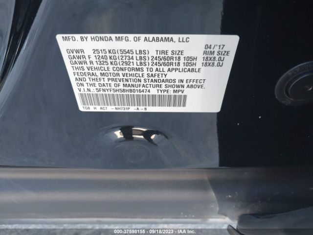 5FNYF5H58HB016474 Honda Pilot Ex-l