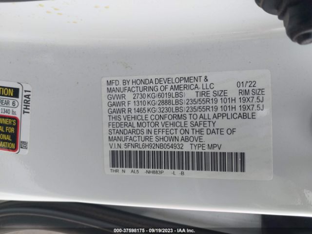 5FNRL6H92NB054932 Honda Odyssey Elite