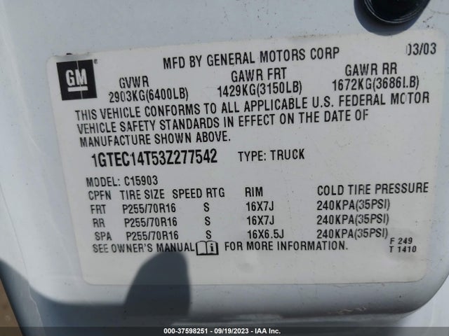 2003 GMC SIERRA 1500 SLE VIN: 1GTEC14T53Z277542