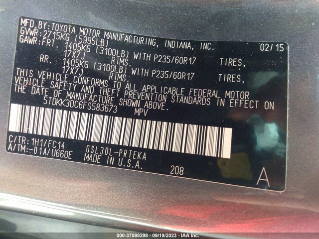 Toyota SIENNA LE 2015 5TDKK3DC6FS583673 Image 9