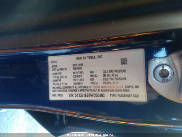 5YJ3E1EB7NF200493 Tesla Model 3 Long Range