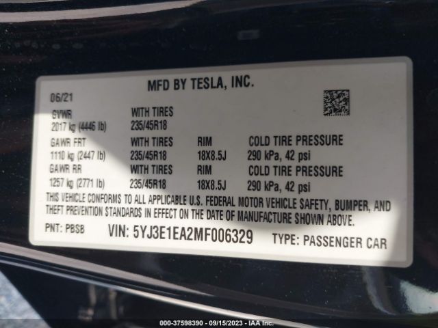 5YJ3E1EA2MF006329 Tesla Model 3 Standard Range Plus