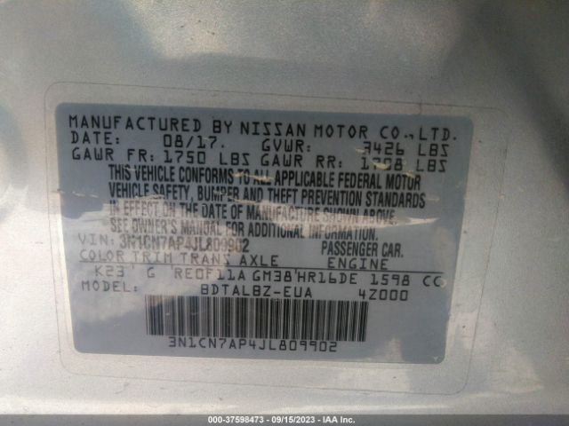 3N1CN7AP4JL809902 Nissan Versa Sedan Sv