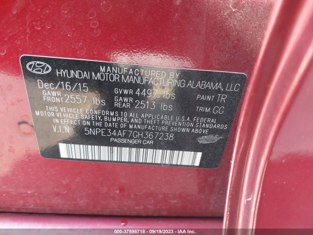 2016 HYUNDAI SONATA 2.4L SPORT VIN: 5NPE34AF7GH367238