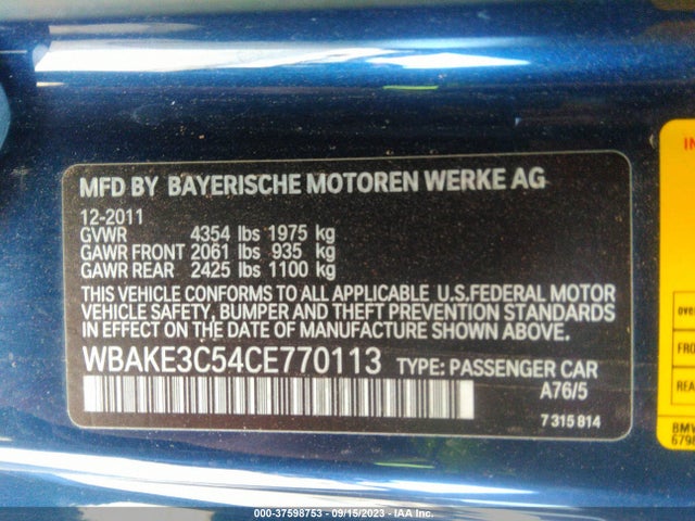 2012 BMW 3 SERIES 328I VIN: WBAKE3C54CE770113