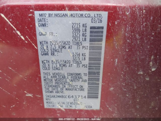 5N1AR2MN8GC643714 Nissan Pathfinder Platinum