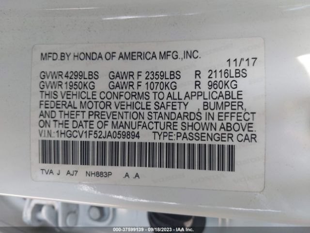 1HGCV1F52JA059894 Honda Accord Sedan Ex-l 1.5t
