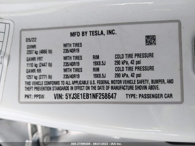 2022 TESLA MODEL 3 5YJ3E1EB1NF258647 Photo 8