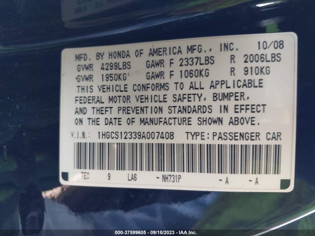 2009 HONDA ACCORD CPE LX-S VIN: 1HGCS12339A007408