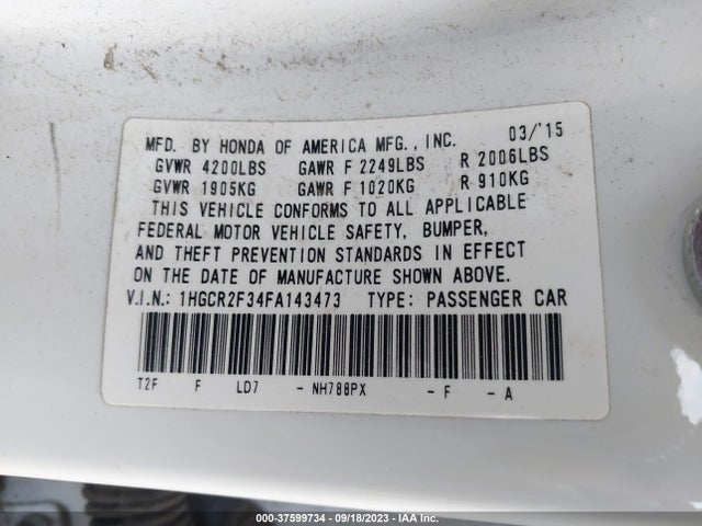 Honda Accord Sedan Lx 2015 1HGCR2F34FA143473 Image 9