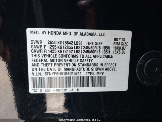 5FNYF6H51KB015244 Honda Pilot Ex-l