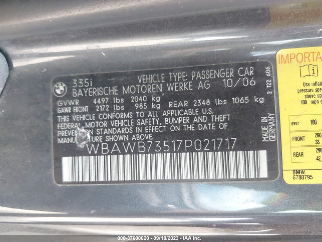 2007 BMW 3 SERIES 335I VIN: WBAWB73517P021717