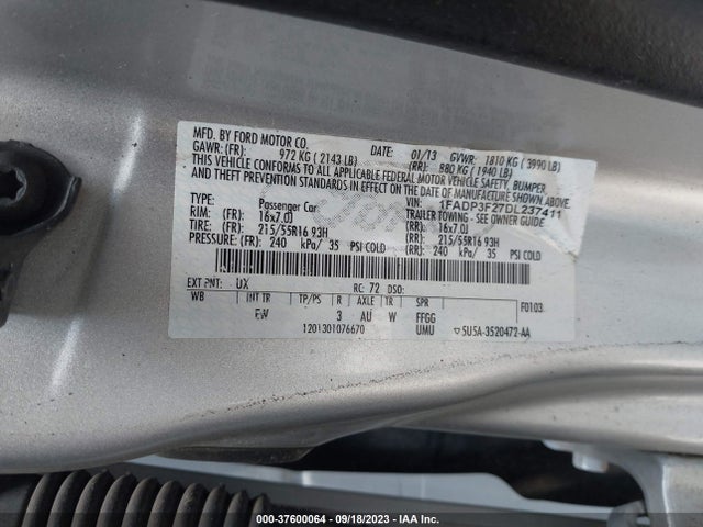 2013 FORD FOCUS SE VIN: 1FADP3F27DL237411