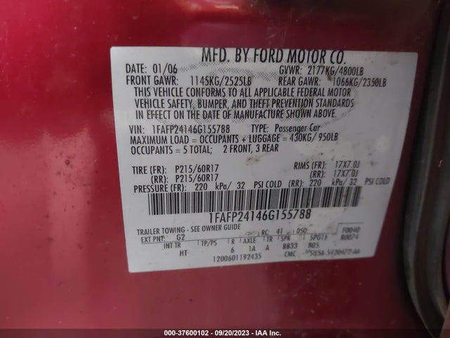 2006 FORD FIVE HUNDRED SEL VIN: 1FAFP24146G155788