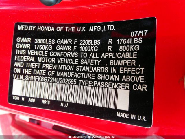 SHHFK8G72HU202565 Honda Civic Touring