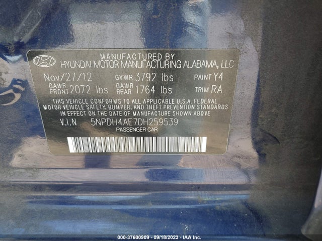 2013 HYUNDAI ELANTRA GLS VIN: 5NPDH4AE7DH259539