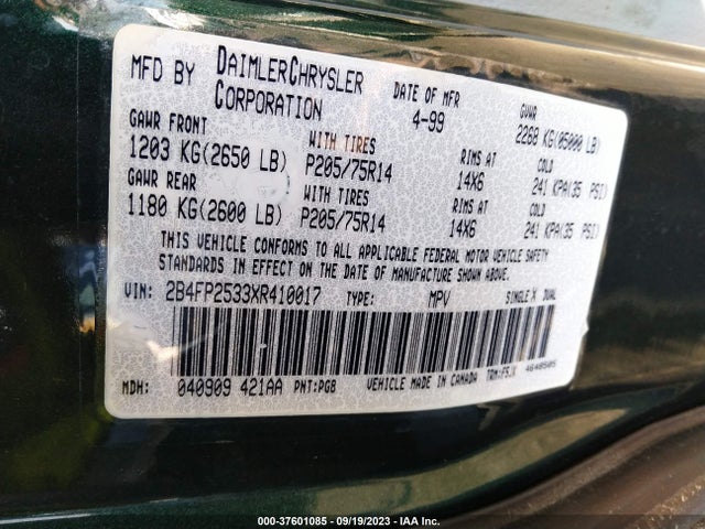 1999 DODGE CARAVAN BASE VIN: 2B4FP2533XR410017