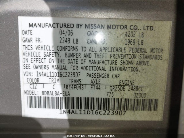 2006 NISSAN ALTIMA 2.5 S VIN: 1N4AL11D16C223907