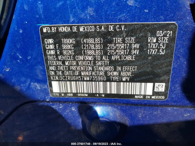 Honda Hr-v Awd Ex 2021 3CZRU6H57MM735960 Image 9