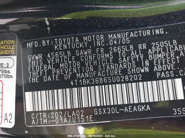2005 TOYOTA AVALON XL/TOURING/XLS/LIMITED VIN: 4T1BK36B65U028202