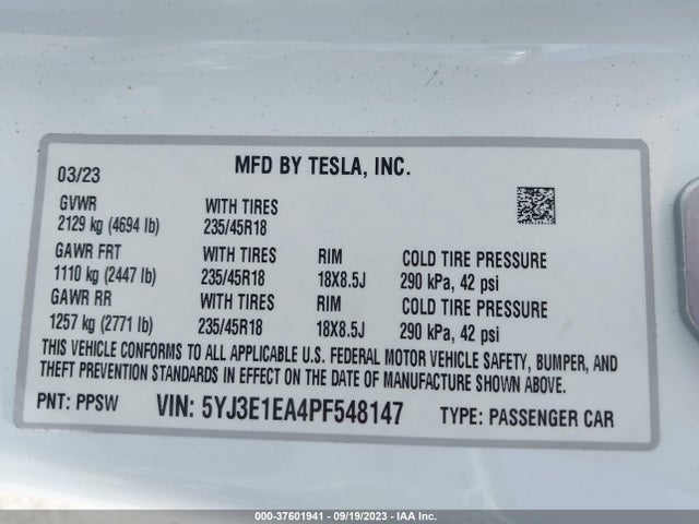 Tesla MODEL 3 2023 5YJ3E1EA4PF548147 Image 9