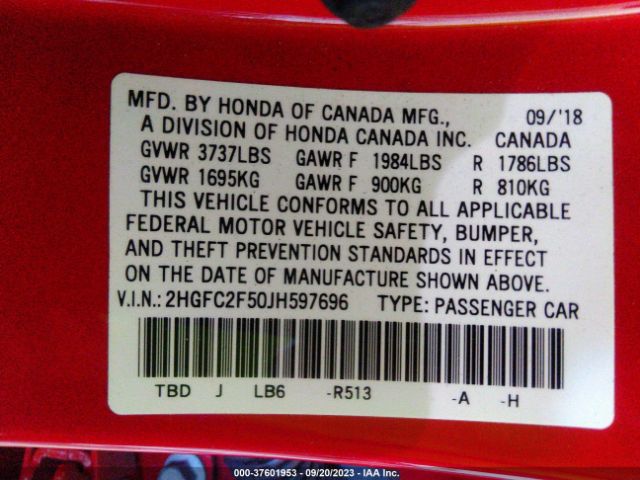 2HGFC2F50JH597696 Honda Civic Sedan Lx