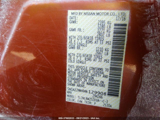 5N1AZ2MH4HN129908 Nissan MURANO SL