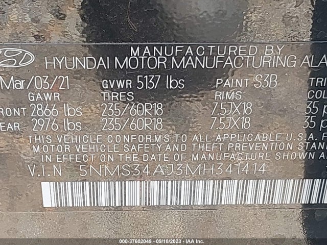 Hyundai Santa Fe Sel 2021 5NMS34AJ3MH341414 Image 9