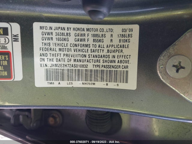 2010 HONDA INSIGHT EX VIN: JHMZE2H72AS010832