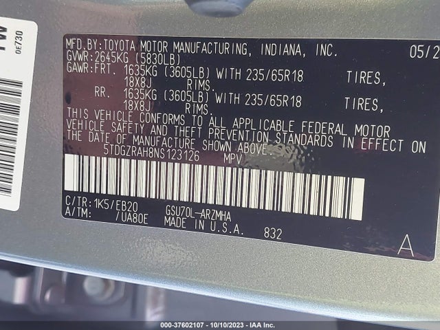 Toyota Highlander Xle 2022 5TDGZRAH8NS123126 Image 9