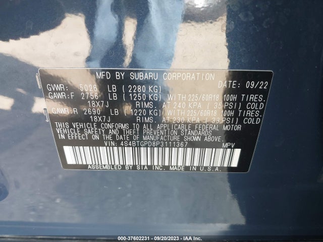 2023 SUBARU OUTBACK TOURING XT VIN: 4S4BTGPD8P3111367