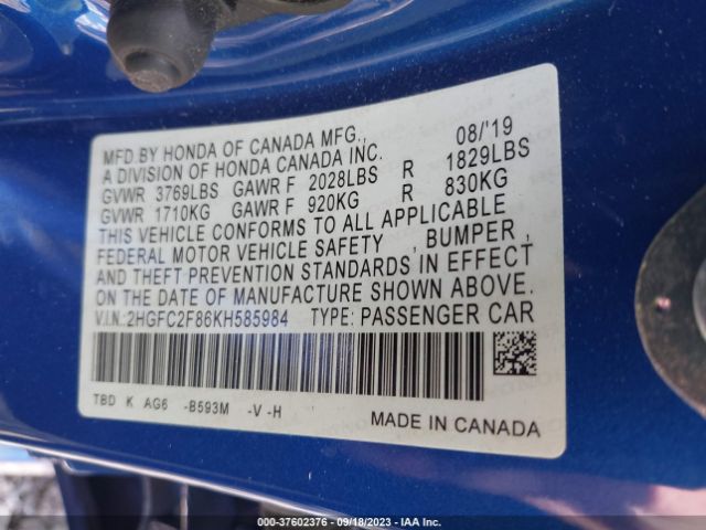 2HGFC2F86KH585984 Honda Civic Sedan Sport
