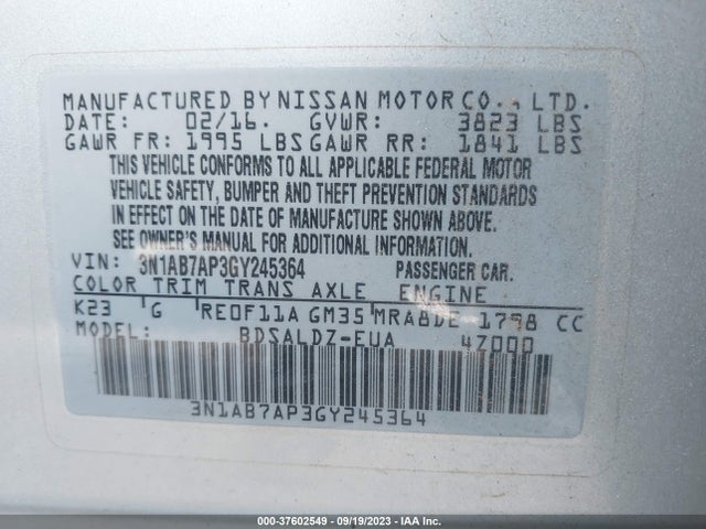 2016 NISSAN SENTRA SV VIN: 3N1AB7AP3GY245364