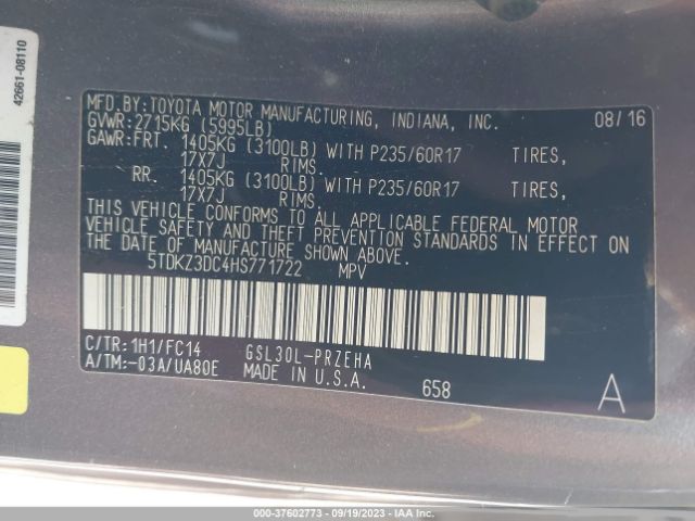 5TDKZ3DC4HS771722 Toyota SIENNA LE