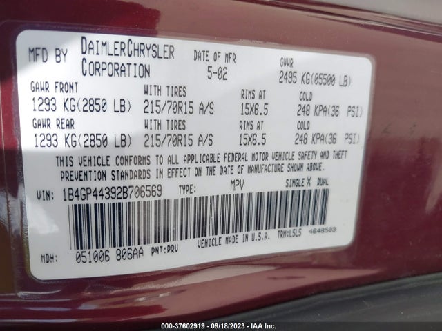 2002 DODGE GRAND CARAVAN SPORT VIN: 1B4GP44392B706569