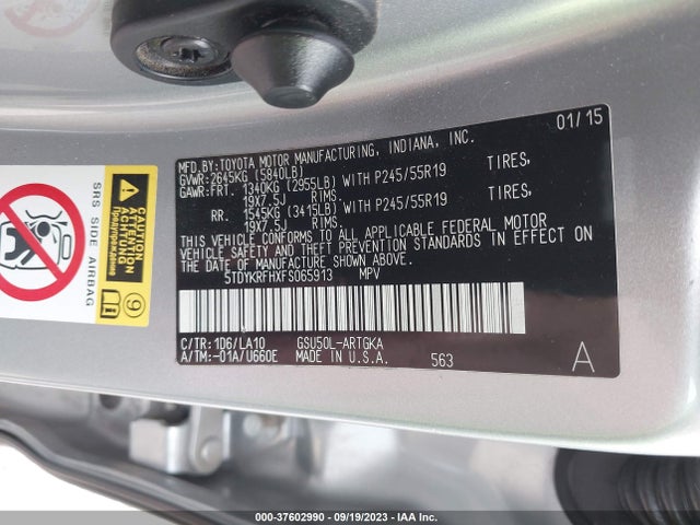 2015 TOYOTA HIGHLANDER LIMITED VIN: 5TDYKRFHXFS065913