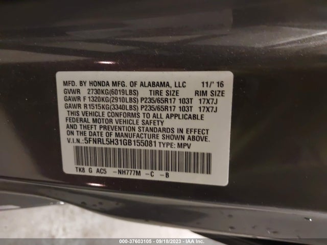 Honda ODYSSEY SE 2016 5FNRL5H31GB155081 Image 9